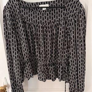 Treasure & Bond Black and White Patterned Long-Sleeve Peplum Top, NEW with tags